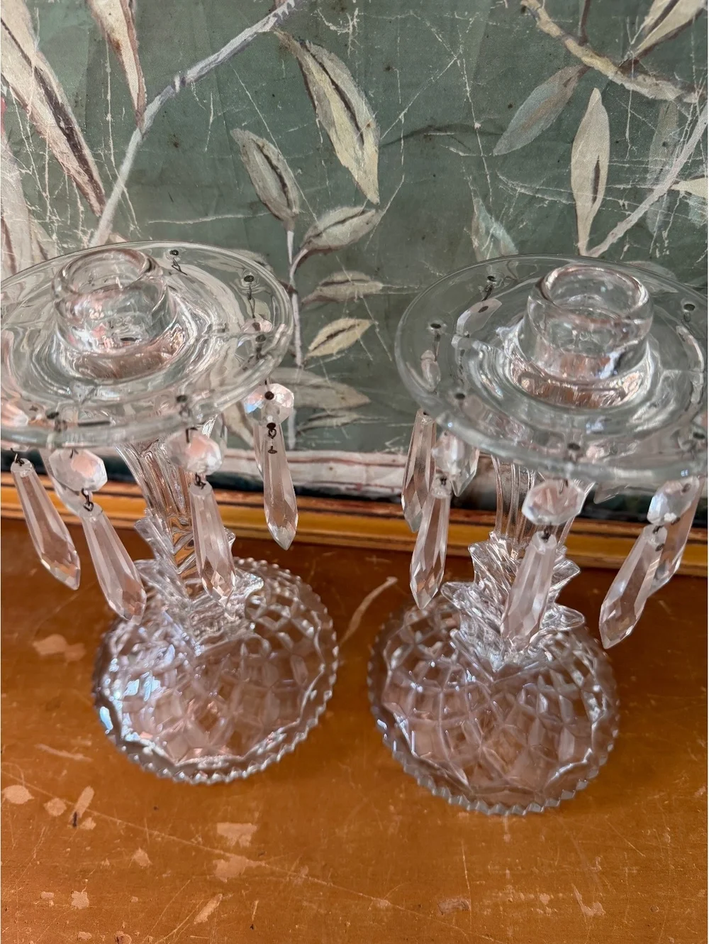 Pair of Vintage Glass Candelabra Candle Holders with Hanging Prisms